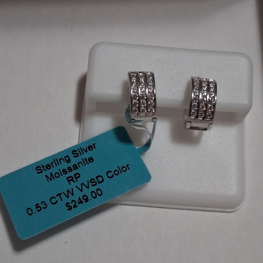 Solid Sterling Silver & Moissanite Huggie Earrings.